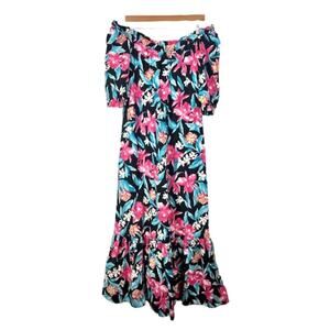 Vintage Hilo Hattie Hawaiian Maxi Dress Medium Tropical Dark Floral OTS